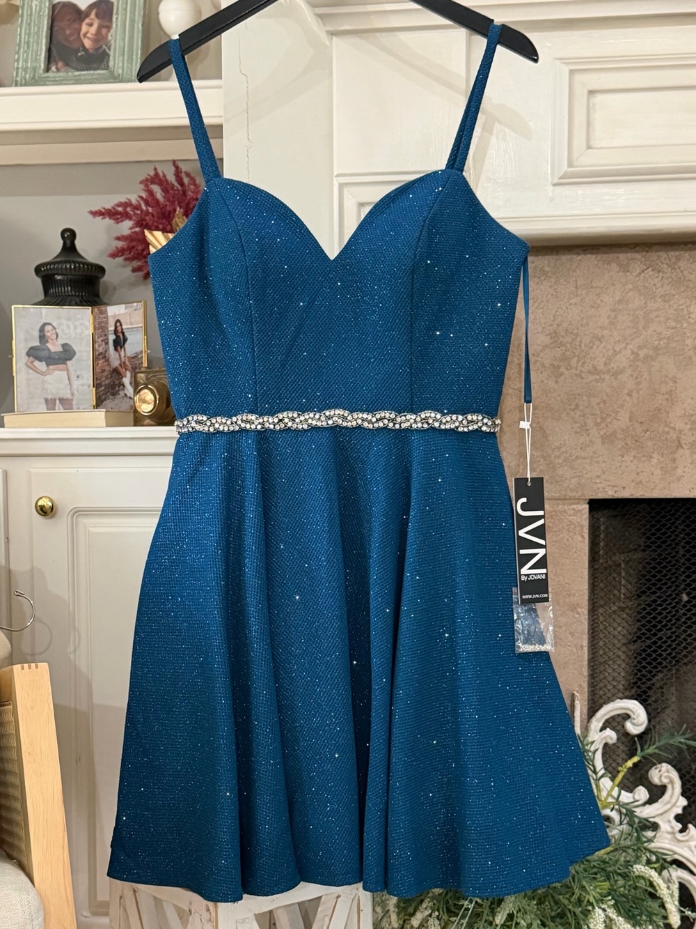 JVN by Jovani Sparkling Teal Fit-and-Flare Dress with Beaded Waistband
